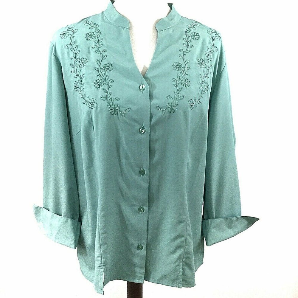 Anthony Richards Button Front Blouse Turn Up Cuffs Size 16 Floral Embroidery